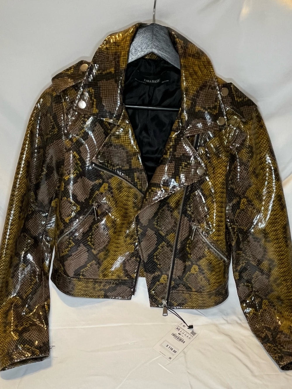 Zara Shiny Faux Snakeskin Moto Jacket in Olive and Brown